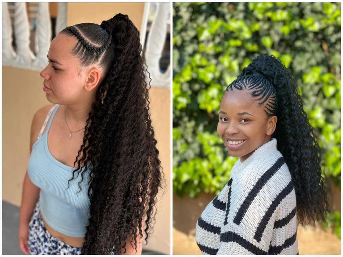 Cornrows and curly ponytail