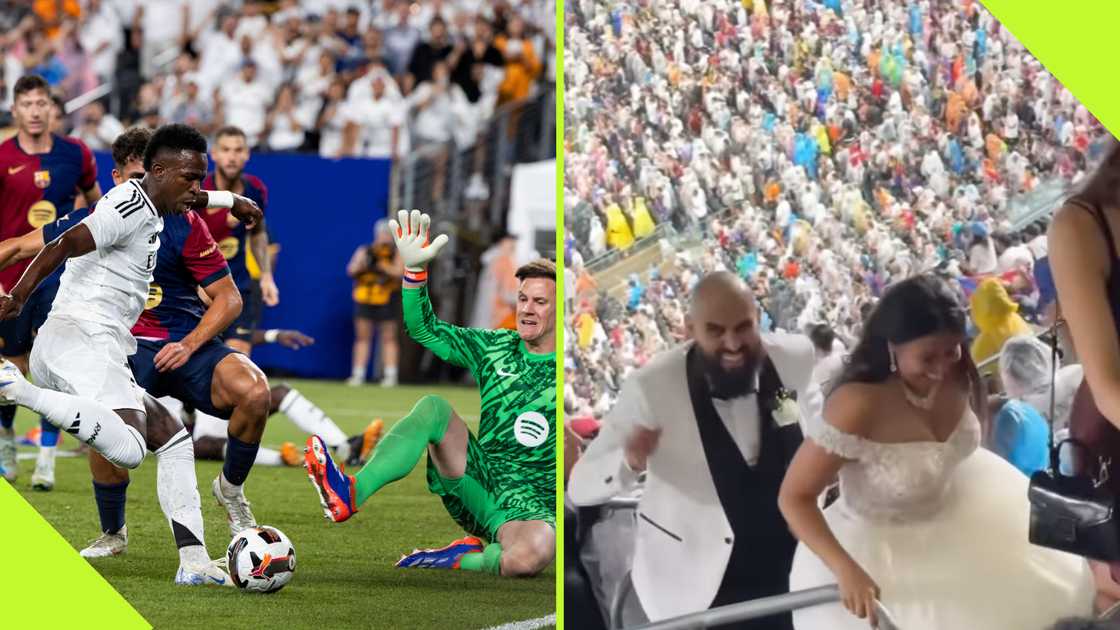 A newlywed couple was sighted at the Real Madrid vs Barcelona match at MetLife Stadium on August 3, 2024. Photos by Ira L. Black/Getty Images and @433/Instagram.