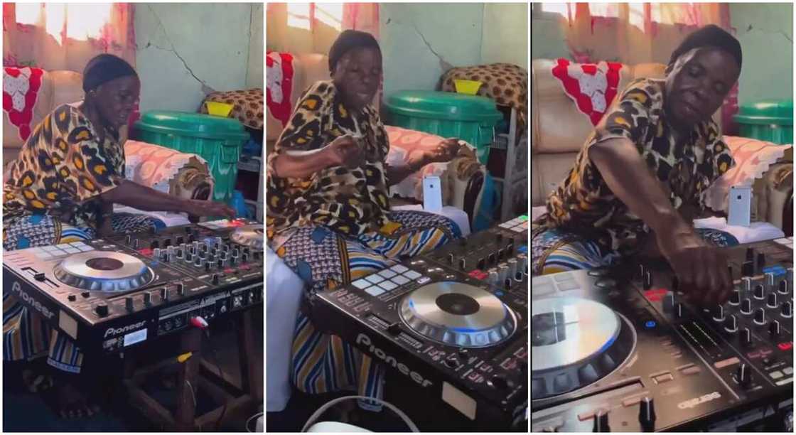 Photos of an old woman playing music with DJ deck. Photos of an old woman playing music with DJ deck.