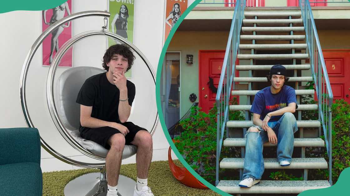 Chris Sturniolo sitting on a swing chair (L). The Tik Tok star suited on stairs (R)