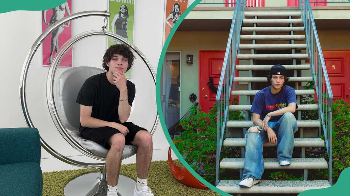 Chris Sturniolo sitting on a swing chair (L). The Tik Tok star suited on stairs (R) Chris Sturniolo sitting on a swing chair (L). The Tik Tok star suited on stairs (R)