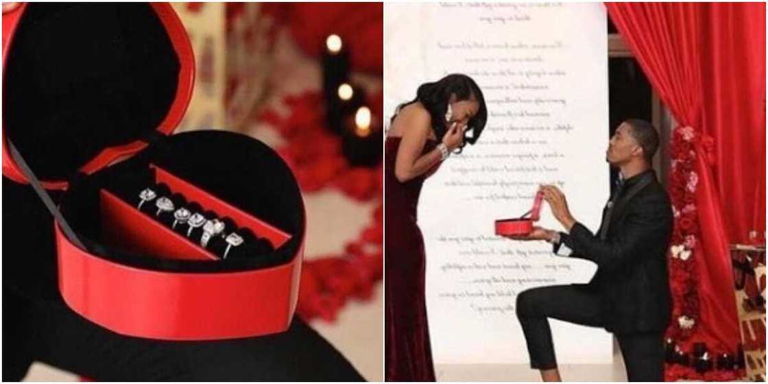 Nigerians react as man stuns his girlfriend with 6 different diamond rings in lovely marriage proposal Nigerians react as man stuns his girlfriend with 6 different diamond rings in lovely marriage proposal