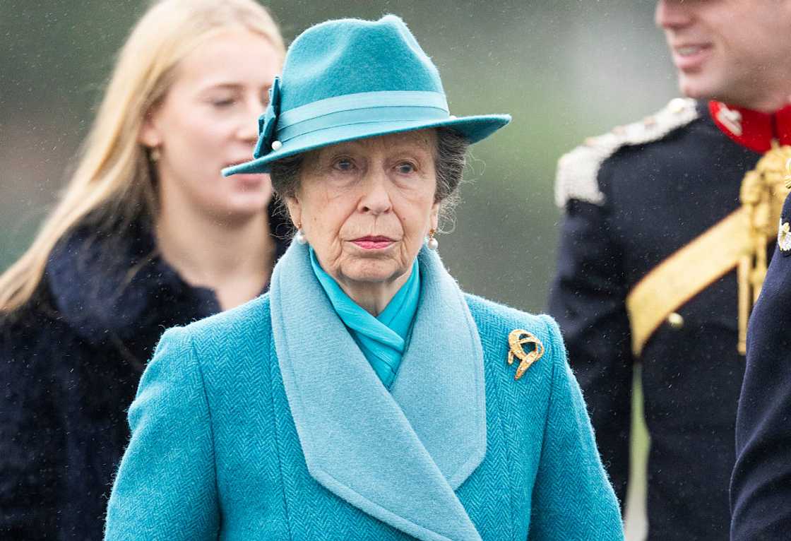 Princess Anne in a blue outfit at Royal Military Academy Sandhurst