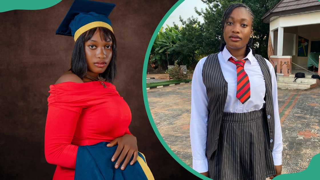 Sharon Ifedi wearing a graduation cap and holding the gown (L) and during the filming of If Tomorrow Never Come (R)