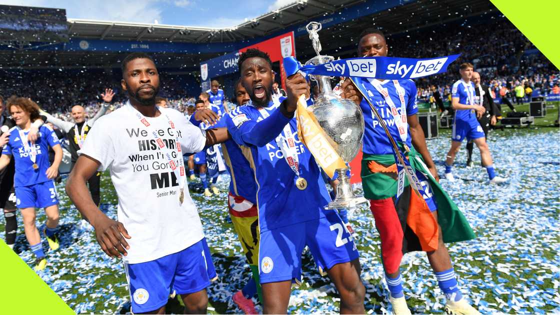 Kelechi Iheanacho and Wilfred Ndidi during Leicester City's trophy celebration.