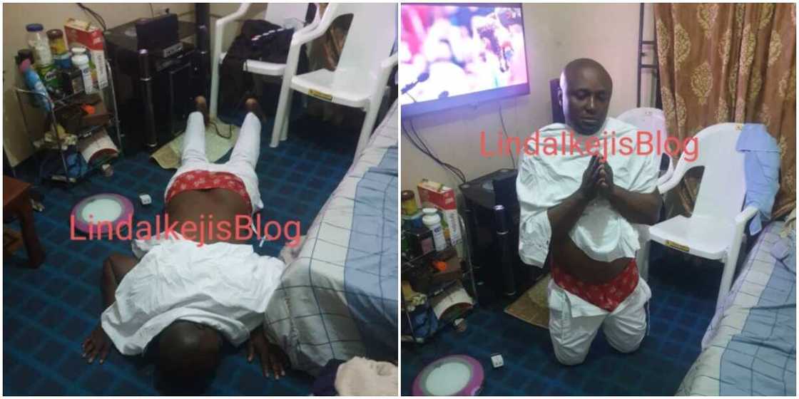 Isreal DMW pictured prostrating, kneeling to beg DJ Cuppy