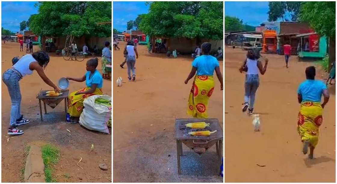Photos of a corn seller chasing after a customer. Photos of a corn seller chasing after a customer.