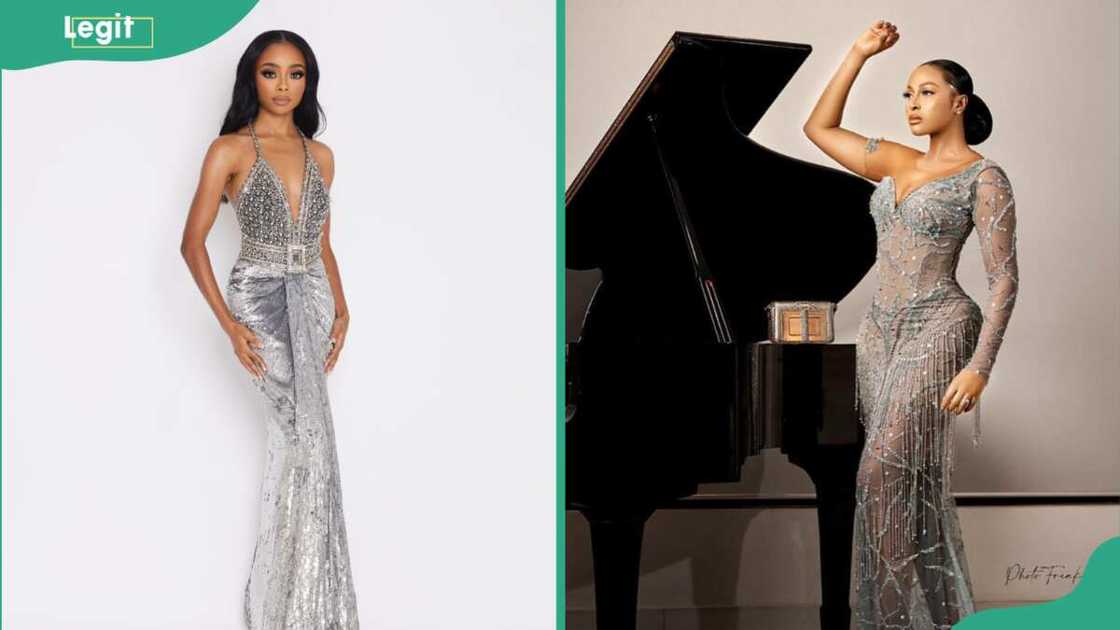 Ladies in off-shoulder silver sequin gowns Ladies in off-shoulder silver sequin gowns