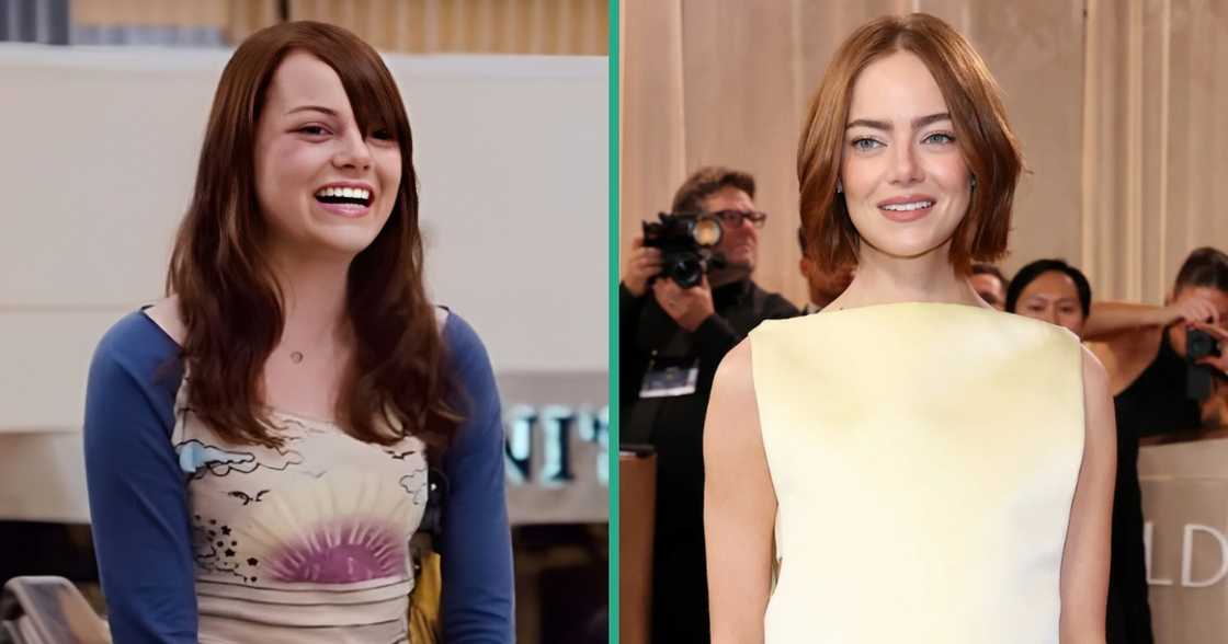 Emma Stone walks in a scene from Superbad and on the Golden Globe Awards red carpet. Emma Stone walks in a scene from Superbad and on the Golden Globe Awards red carpet.