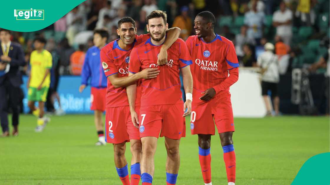 Achraf Hakimi, Khvicha Kvaratskhelia, Ousmane Dembele, PSG, Nantes, France, Ligue 1. Achraf Hakimi, Khvicha Kvaratskhelia, Ousmane Dembele, PSG, Nantes, France, Ligue 1.