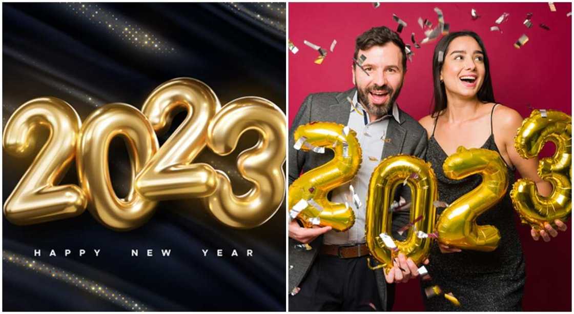 Photos of a couple holding 2023 baloons.