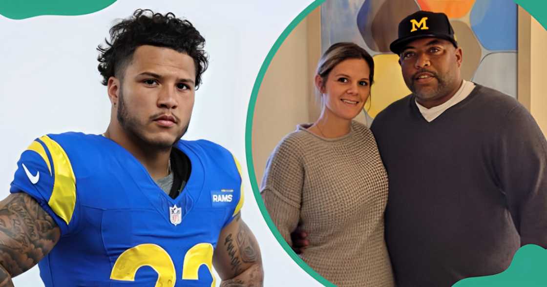 Blake poses in the LA Rams kit on the left against a white background. His parents pose together on the right.