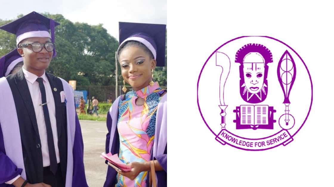 Two graduates of the University of Benin on graduation day and the institution's logo Two graduates of the University of Benin on graduation day and the institution's logo