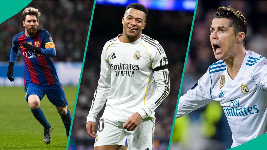 Kylian Mbappe, Cristiano Ronaldo, Lionel Messi, UEFA, Champions League, Football. Kylian Mbappe, Cristiano Ronaldo, Lionel Messi, UEFA, Champions League, Football.