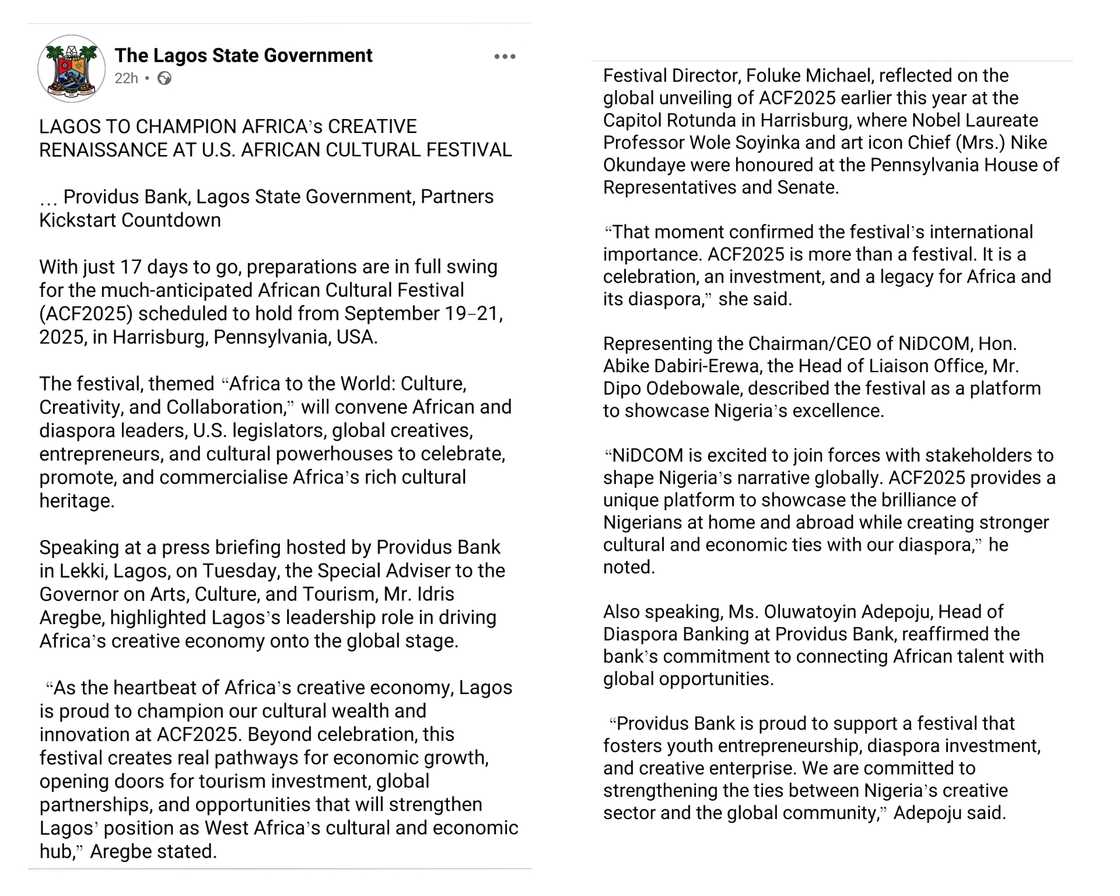 Lagos to head the African Cultural Festival in USA Lagos to head the African Cultural Festival in USA
