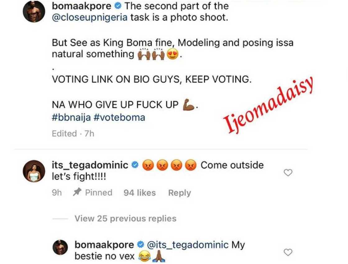 BBNaija: Tega and Boma's IG handler BBNaija: Tega and Boma's IG handler