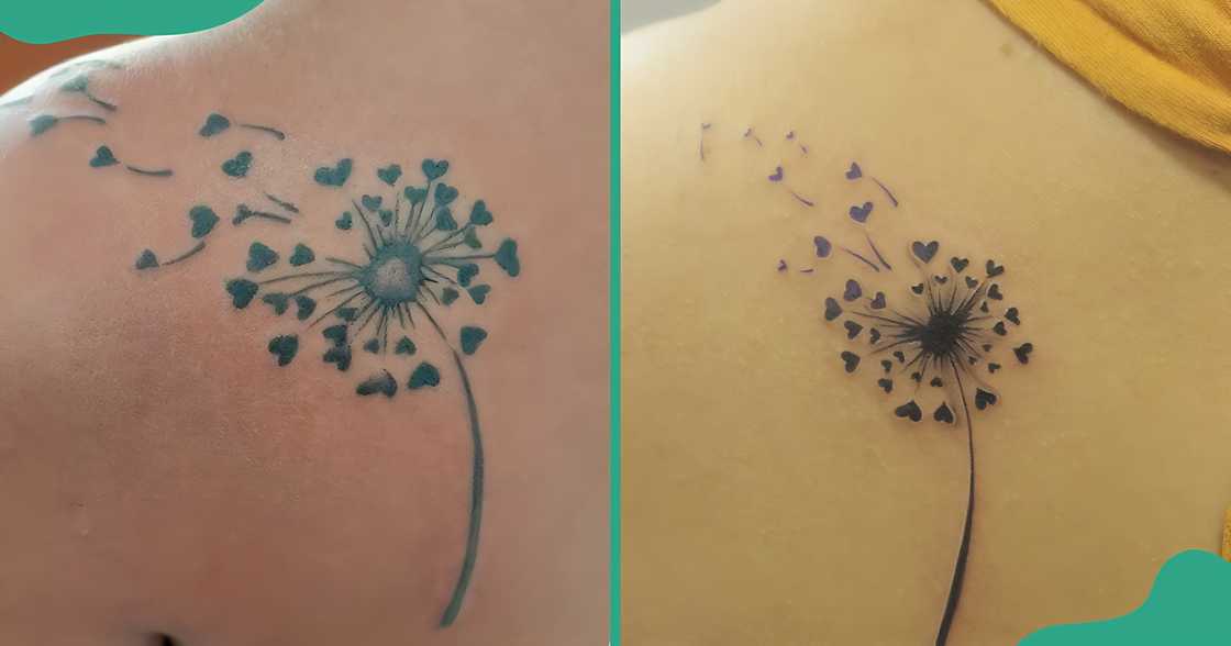 Dandelion tattoos with hearts as the blown seeds on backs. Dandelion tattoos with hearts as the blown seeds on backs.