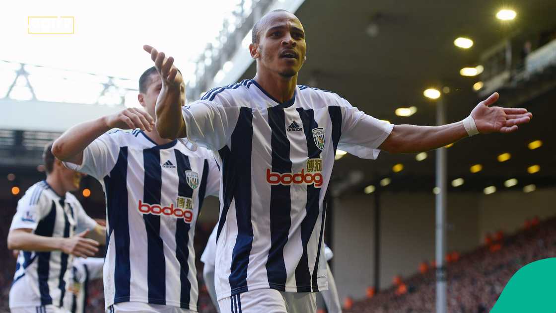 Peter Odemwingie, West Brom, Liverpool, England, 2012 Premier League. Peter Odemwingie, West Brom, Liverpool, England, 2012 Premier League.