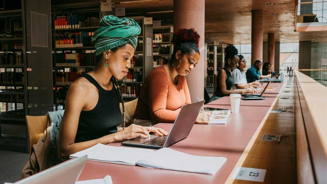 University students pictured reading in a library. University students pictured reading in a library.