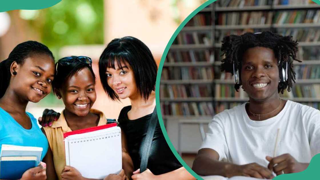 Mass communication students in campus and another at the library