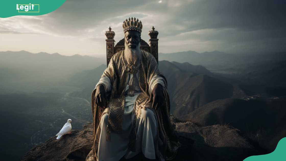 Obatala sitting in the crown with a white dove beside him Obatala sitting in the crown with a white dove beside him