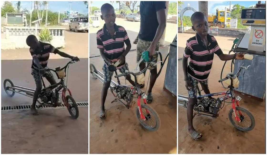 Photo of a boy on a hill-climber bike, buying fuel in a filling station.