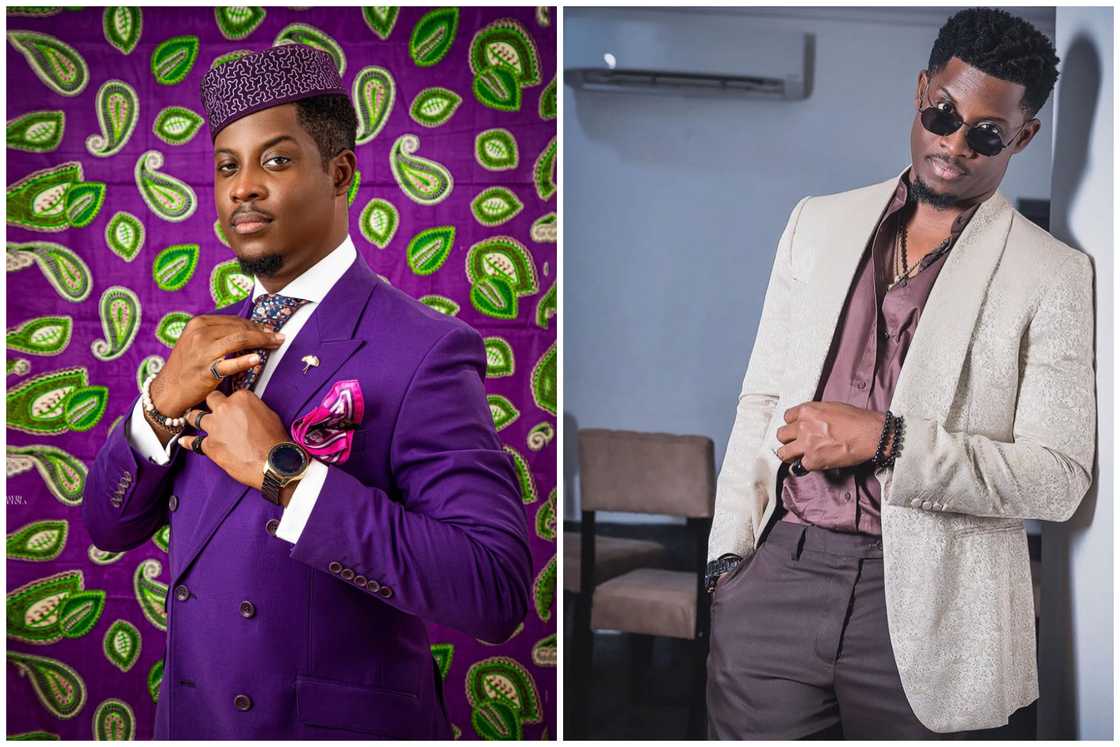Seyi Awolowo in a purple suit (L). The reality TV personality leans on a wall as he looks on (R). Seyi Awolowo in a purple suit (L). The reality TV personality leans on a wall as he looks on (R).