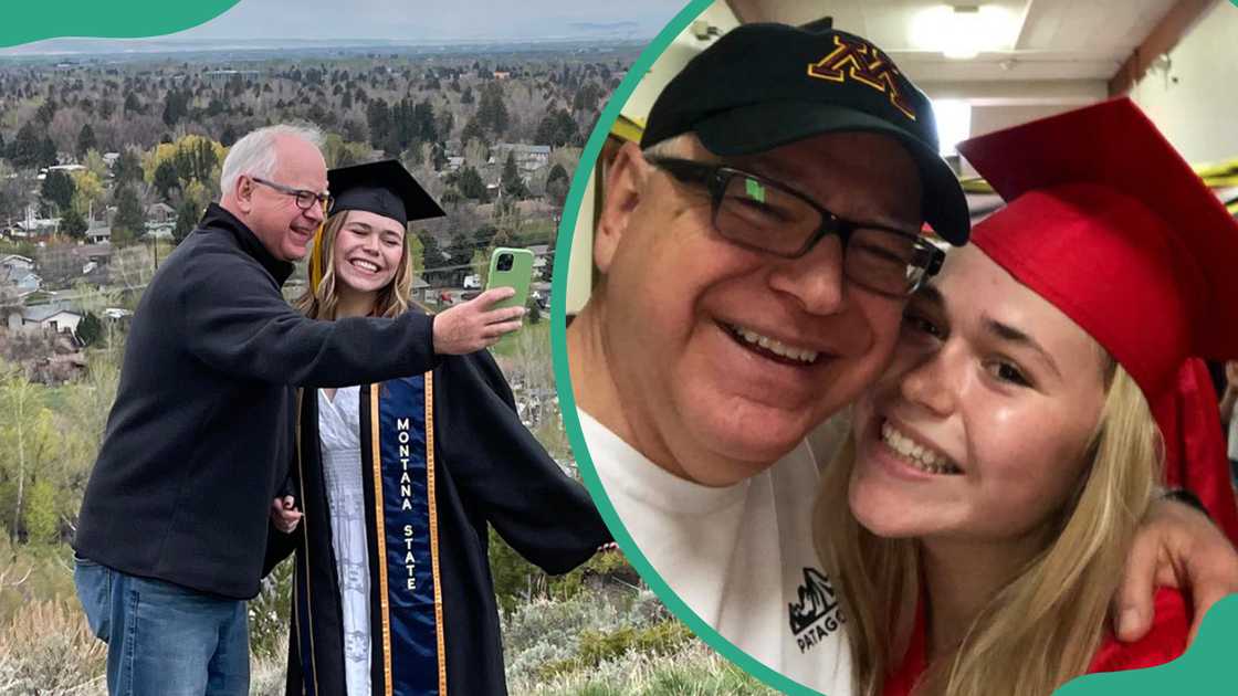 Tim Walz is taking a selfie with Hope (L). Tim and Hope smiling for a close-up photo (R)