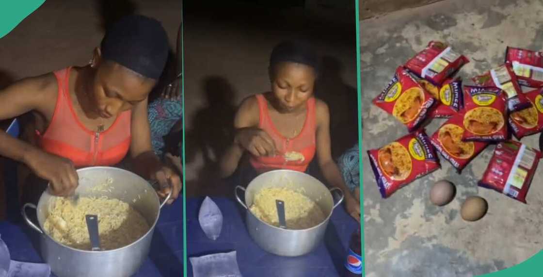Video as innocent-looking lady finishes 10 packs of noodles and 2 eggs in one sitting Video as innocent-looking lady finishes 10 packs of noodles and 2 eggs in one sitting