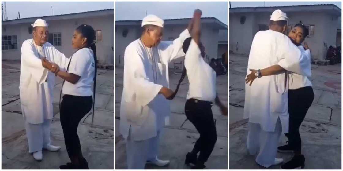 Trending video of Alaafin of Oyo dishing out dance moves with a young lady Trending video of Alaafin of Oyo dishing out dance moves with a young lady