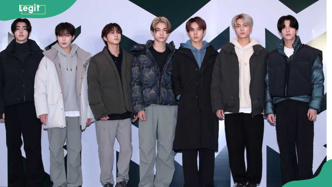 Members of boy band ENHYPEN at the KOLON SPORT 50th anniversary photocall in Seoul, South Korea