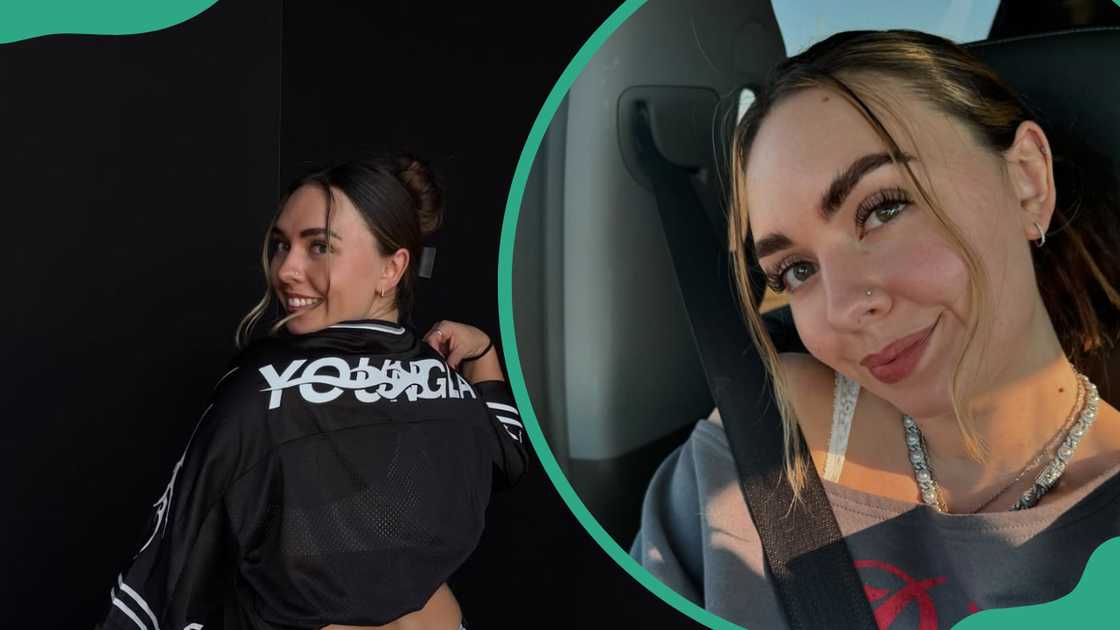 Abby Berner smiles for pictures in a black jacket and brown top