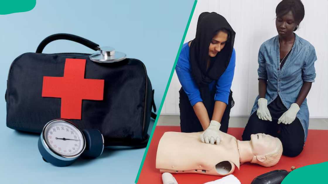 A first aid kit and women learning CPR A first aid kit and women learning CPR