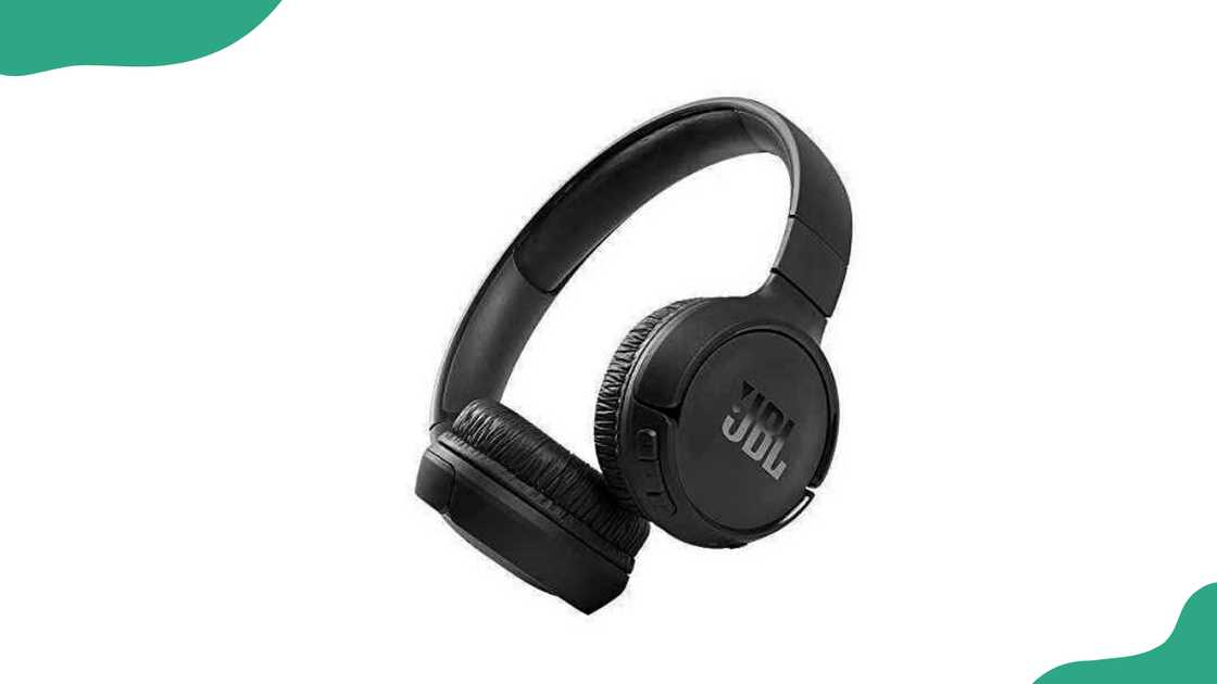 A black wireless headset on a white background A black wireless headset on a white background