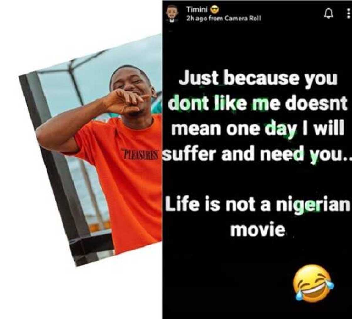 Just because you don't like me doesn't me I'll suffer and need you, Timini Egbuson to his haters Just because you don't like me doesn't me I'll suffer and need you, Timini Egbuson to his haters