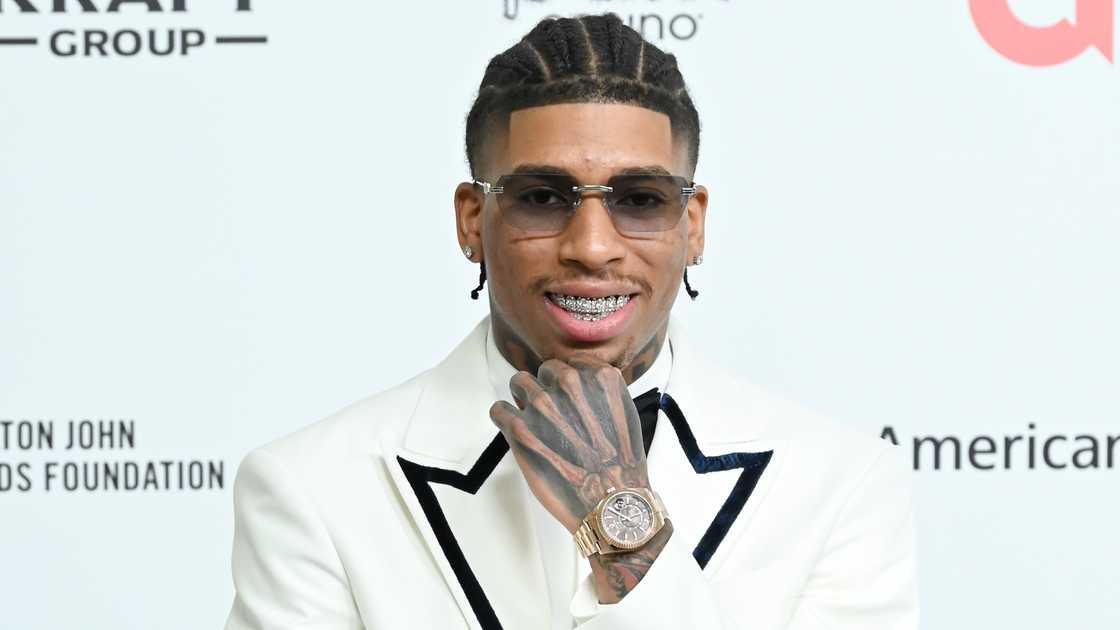 NLE Choppa poses on the red carpet during the 33rd Elton John AIDS Foundation Academy Awards Viewing Party NLE Choppa poses on the red carpet during the 33rd Elton John AIDS Foundation Academy Awards Viewing Party