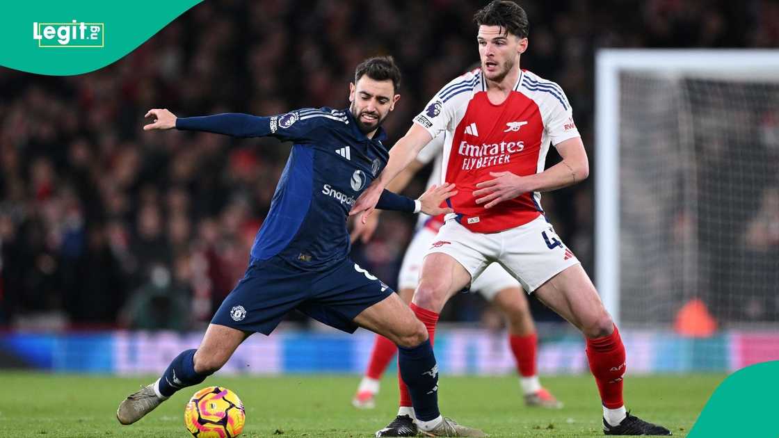 Bruno Fernandes, Arsenal, Declan Rice, Manchester United, Red Devils, Football. Bruno Fernandes, Arsenal, Declan Rice, Manchester United, Red Devils, Football.