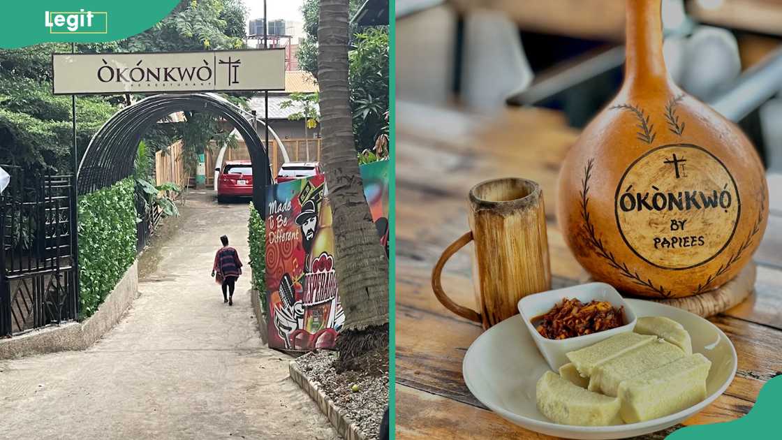 Okonkwo restaurant Abuja entrance (L) and delicacy (R) Okonkwo restaurant Abuja entrance (L) and delicacy (R)