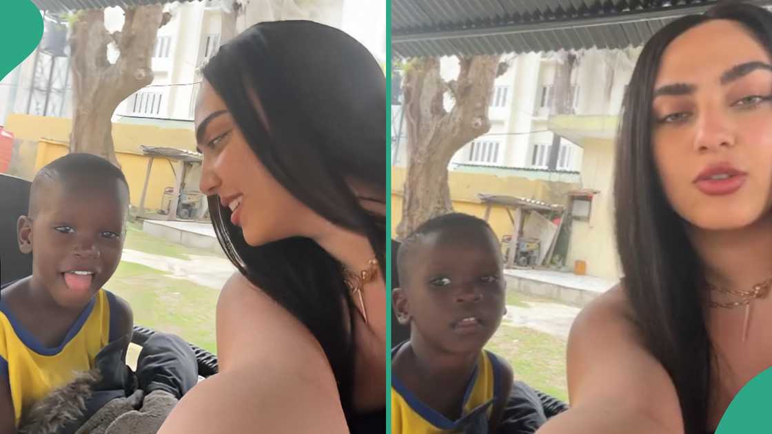 Mixed reactions as white lady asks little Nigerian boy what her name is, his reply amuses many Mixed reactions as white lady asks little Nigerian boy what her name is, his reply amuses many