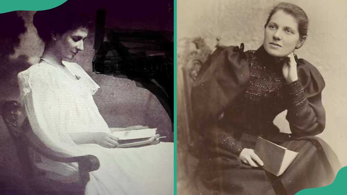 British journalist Flora Shaw holding and reading a book British journalist Flora Shaw holding and reading a book