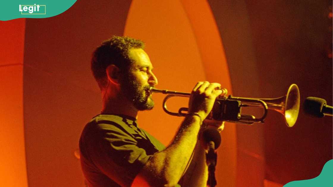 Gabe Steiner playing a trumpet