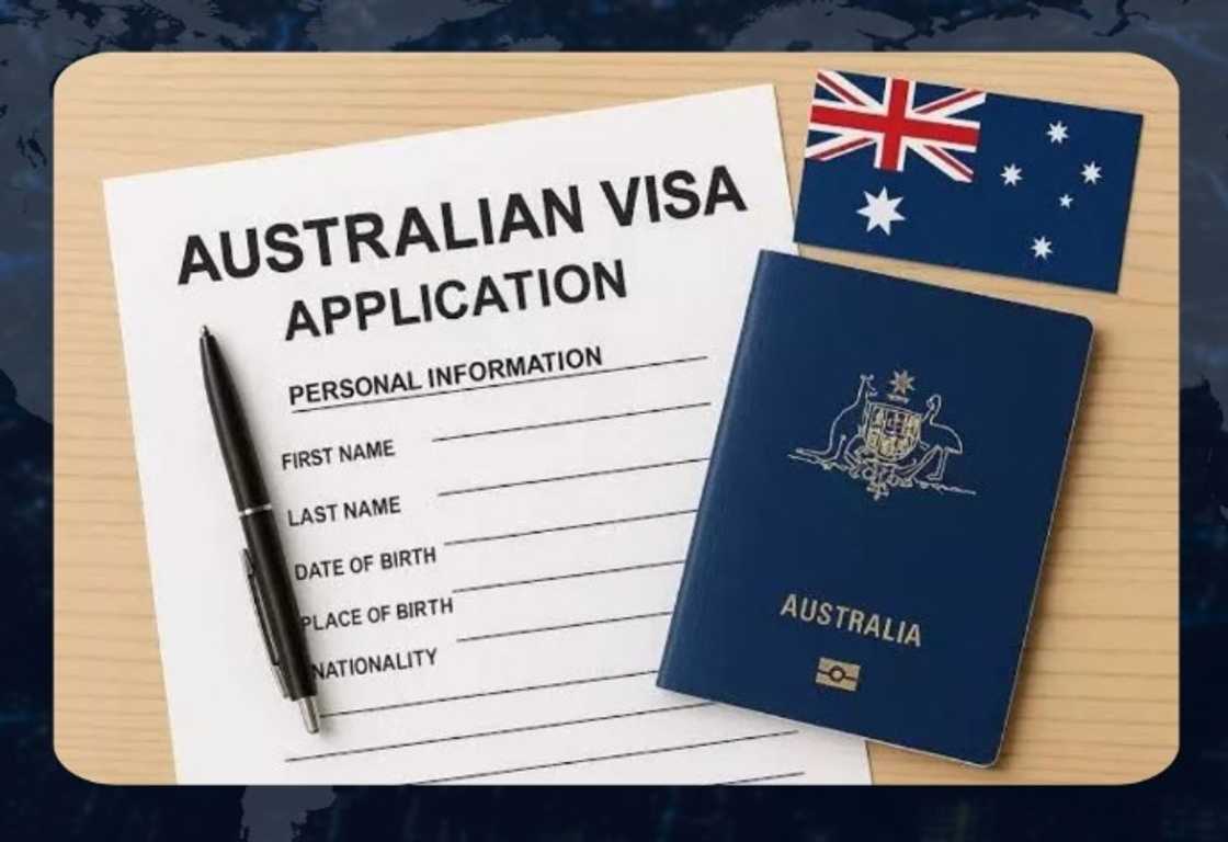 A copy of the visa application form, a pen, an Australian card, and a passport