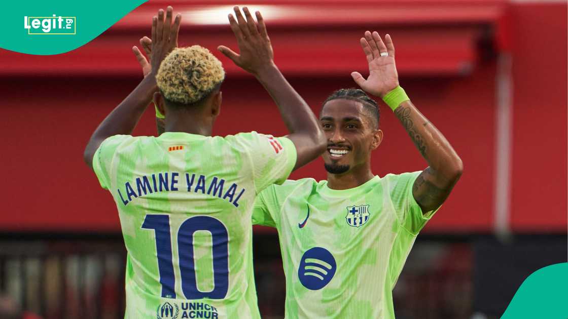 Lamine Yamal, Raphinha, Barcelona, RCD Mallorca, La Liga, Spain. Lamine Yamal, Raphinha, Barcelona, RCD Mallorca, La Liga, Spain.