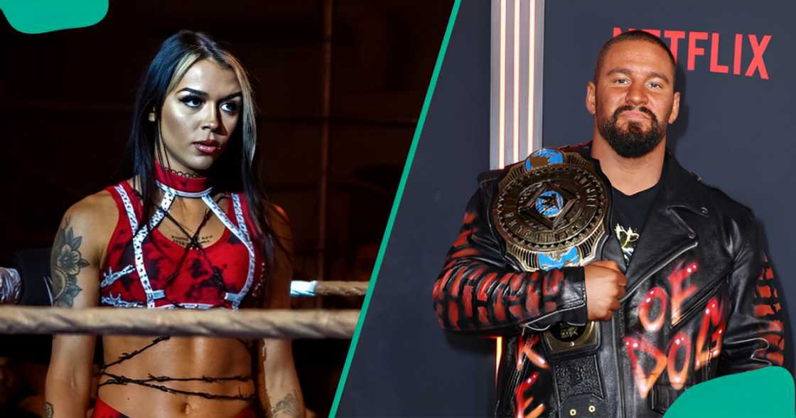 Cora Jade is pictured in the WWE ring (L). Bron Breakker poses with his belt (R). Cora Jade is pictured in the WWE ring (L). Bron Breakker poses with his belt (R).