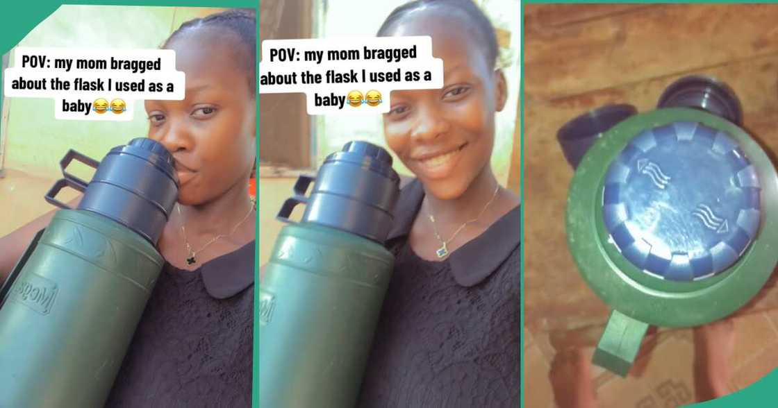 Lady finds old food flask. Lady finds old food flask.