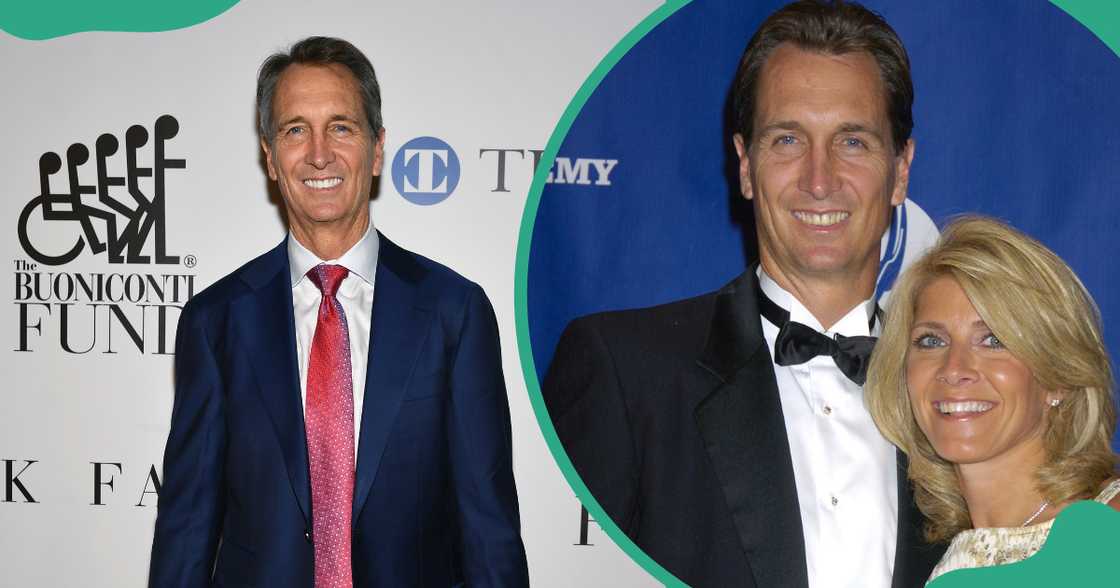 Cris Collinsworth poses on a red carpet. Cris and his wife, Holly Bankemper pose during an event.