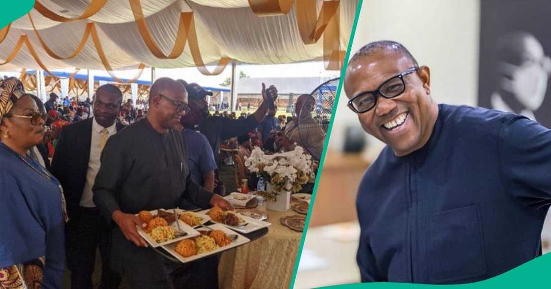 A video goes viral showing Peter Obi humbly serving food to guests at an event in Imo state. A video goes viral showing Peter Obi humbly serving food to guests at an event in Imo state.
