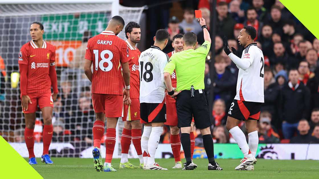 Liverpool's Andy Robertson was shown a straight red card after fouling Fulham's Harry Wilson