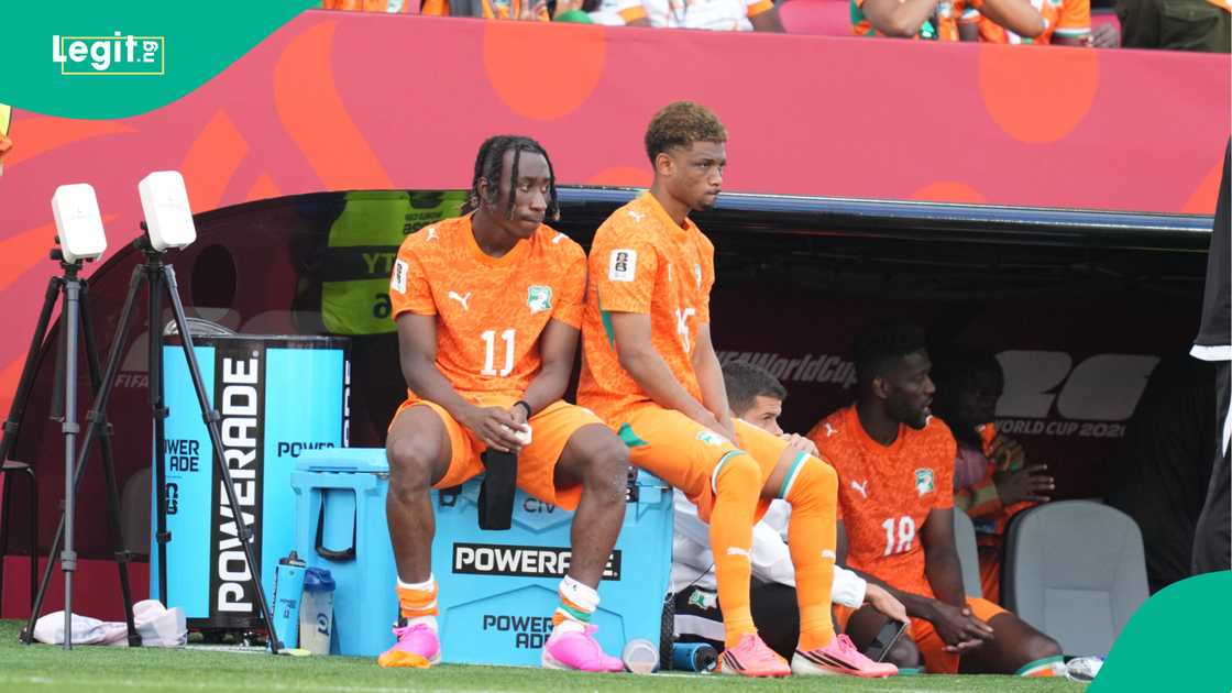 Amad Diallo and Yan Diomande in despair after Ivory Coast lost to Germany. Photo by Ulrik Pedersen