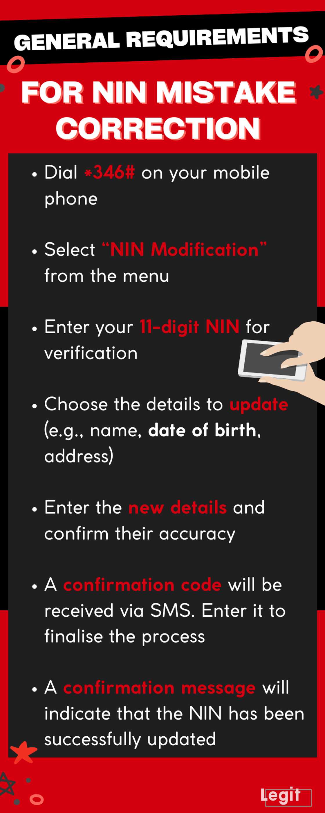 General requirements for NIN mistake correction